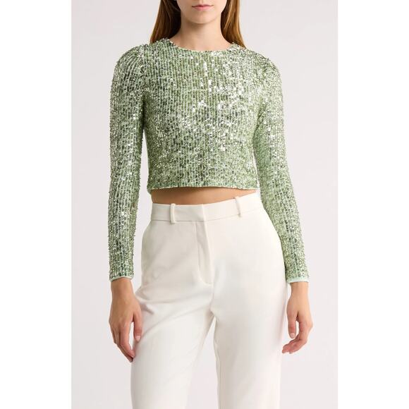 ALICE + OLIVIA Delaina Long Sleeve Sea Green Sequin Crop Top - Picture 8 of 14